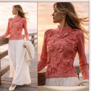 VTG 1990s|Y2k ALBERTO MAKALI "Long Sleeve Pink Rosette Top,Textured Crepe,Size M